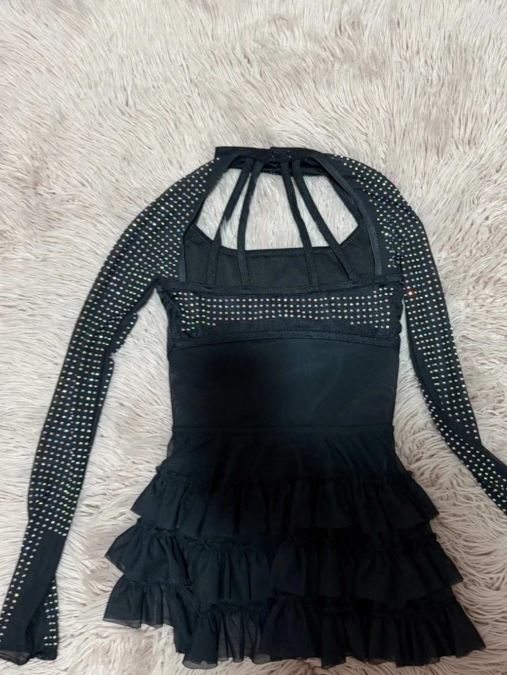 Weissman Black Long Sleeve Ruffled  tap/ jazz Mini Dress with Studded Details